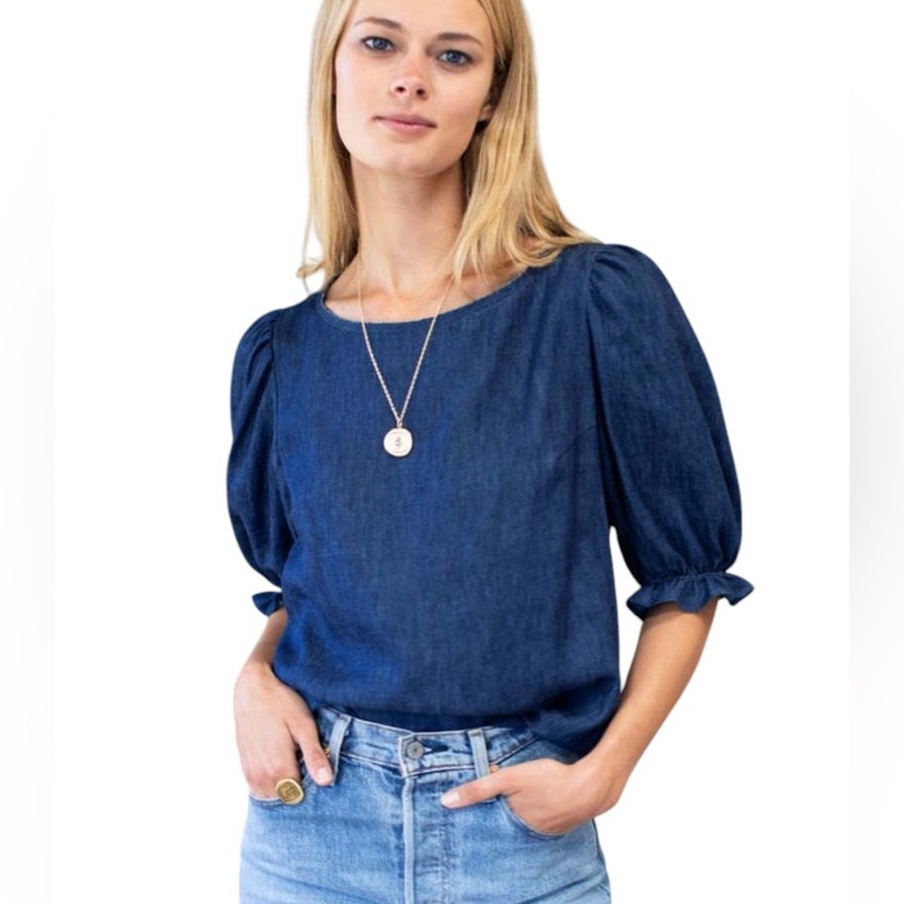 Emerson Fry Pearl Blouse - Indigo Hemp Organic Denim Size Medium $168
